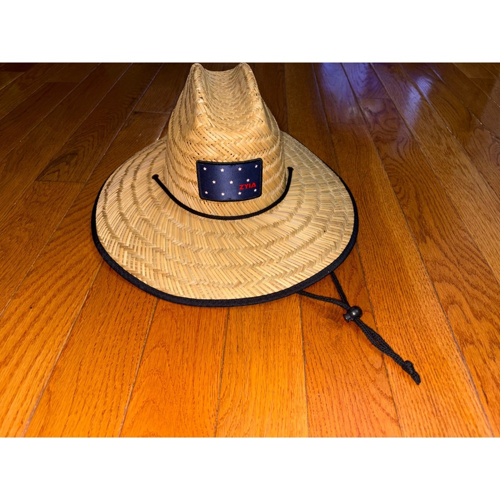 Zyia Active Straw Sun Hat American Flag Under Brim Wide Brim Lifeguard Hat Tan